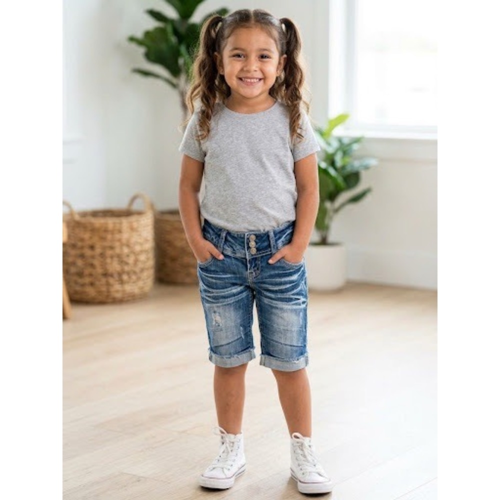 Almost Famous Bermuda Shorts Kids Size 5 Blue Good Distressed Whiskered Denim